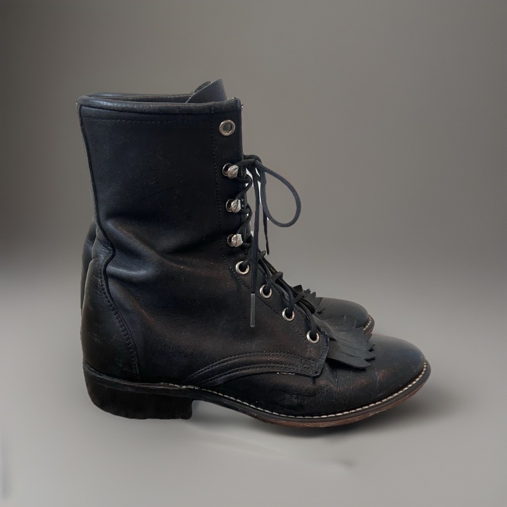 Vtg Laredo Roper Lace Up Riding Combat Boots USA Made Size 61/2 Black Leather